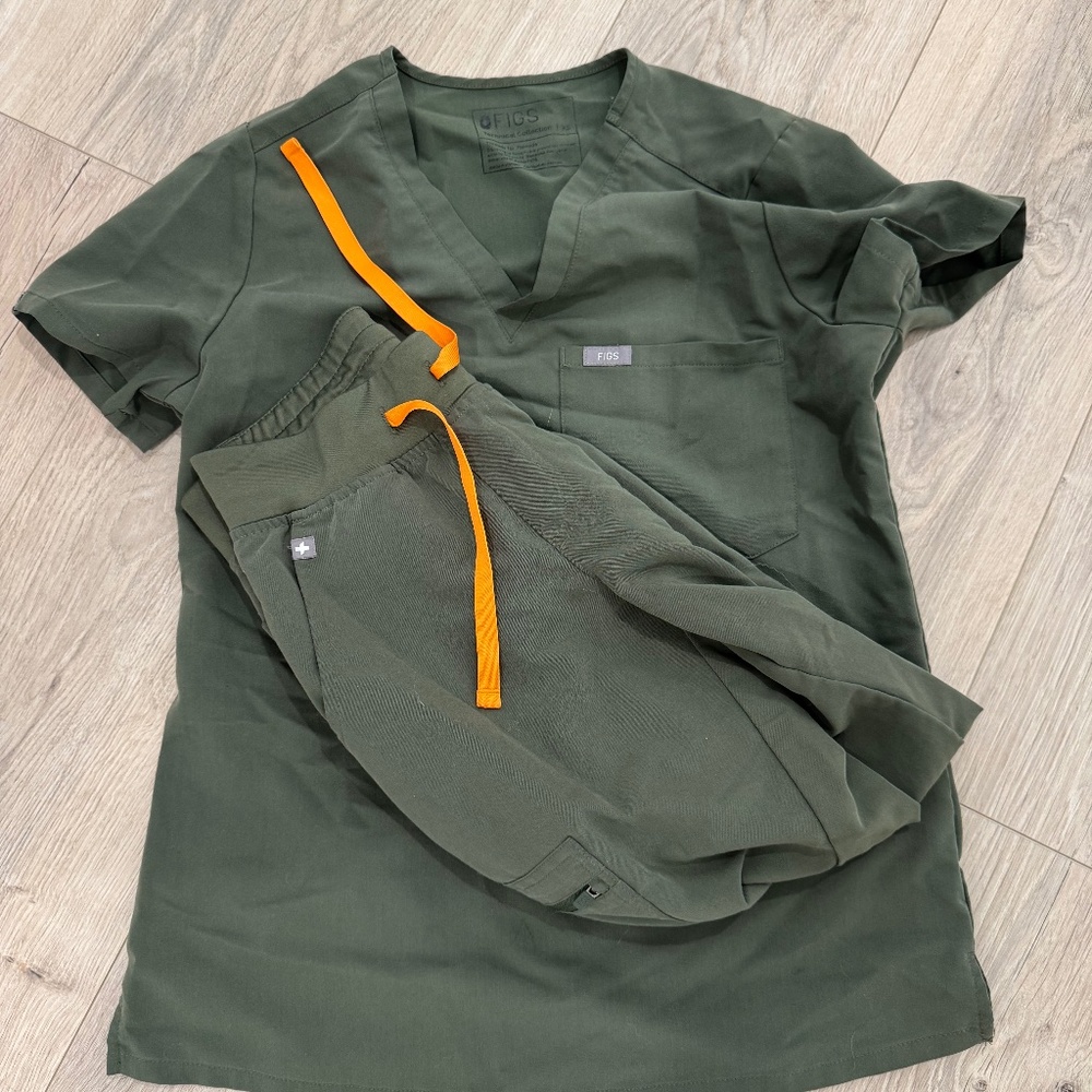 Figs Olive Green Scrub Top with Orange Drawstring Detail